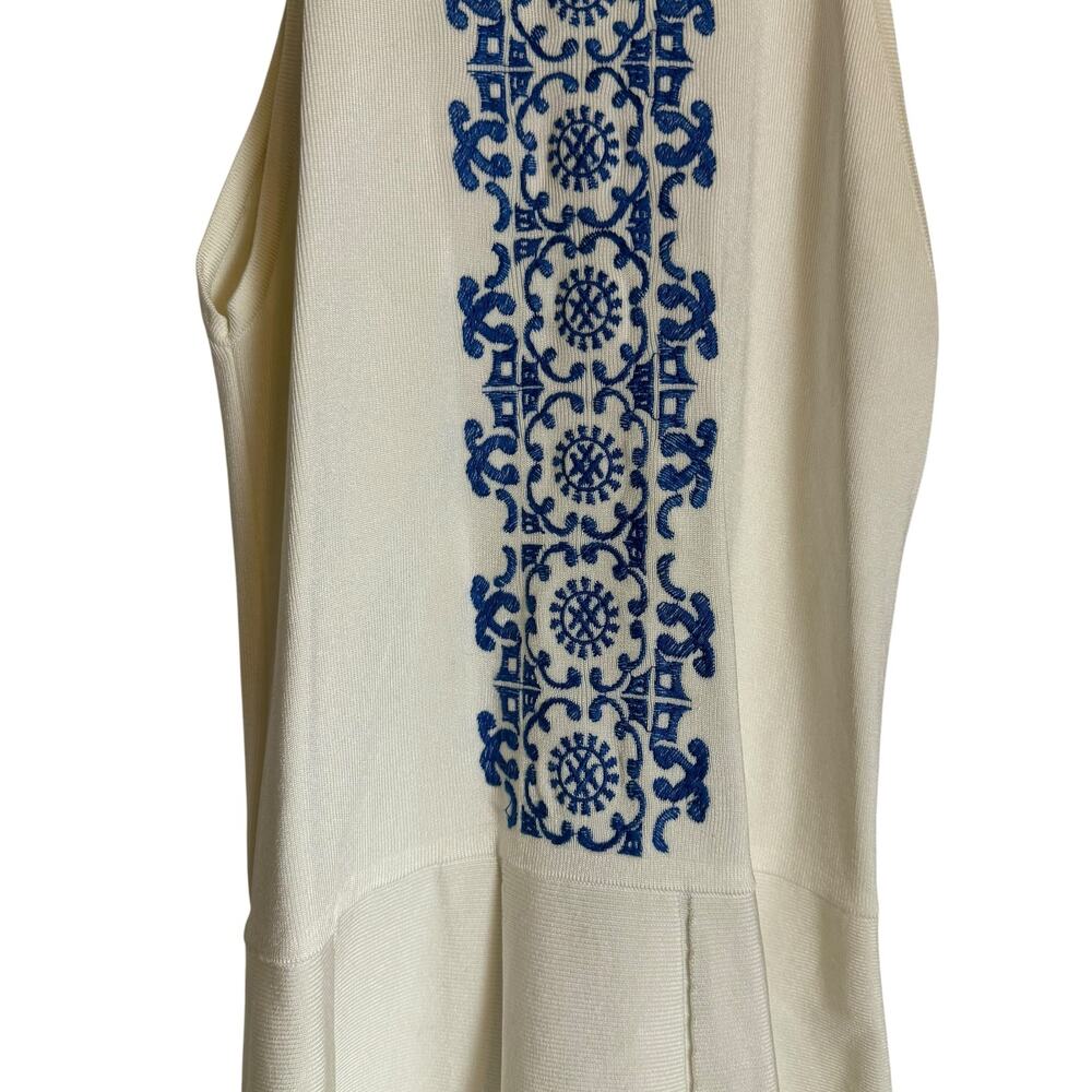 Parker Cheryl White Blue Embroidery Knit Halter Fit & Flare Preppy Coastal Dress - Picture 8 of 16